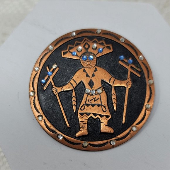 Copper Indian Fancy Dancer Pin Brooch Rhinestones - Picture 5 of 7